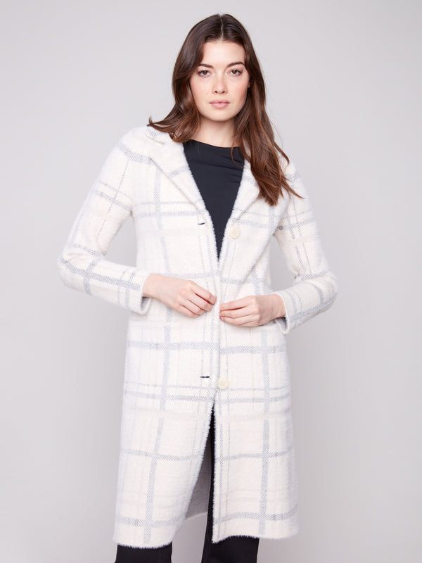 Elegant coatigan in ivory plaid with a plush texture, providing both comfort and style by Charlie B.
