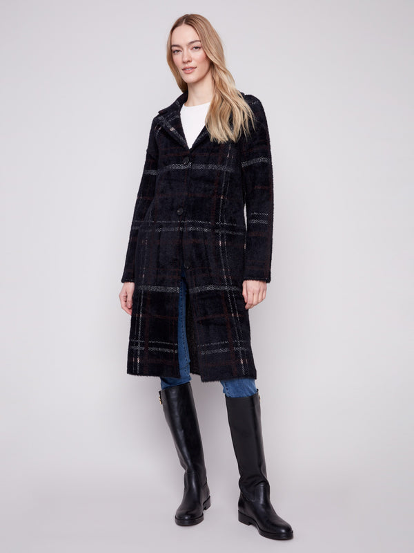 Elegant plaid coatigan featuring a button front closure and mocha hues, perfect for layering in style by Charlie B.