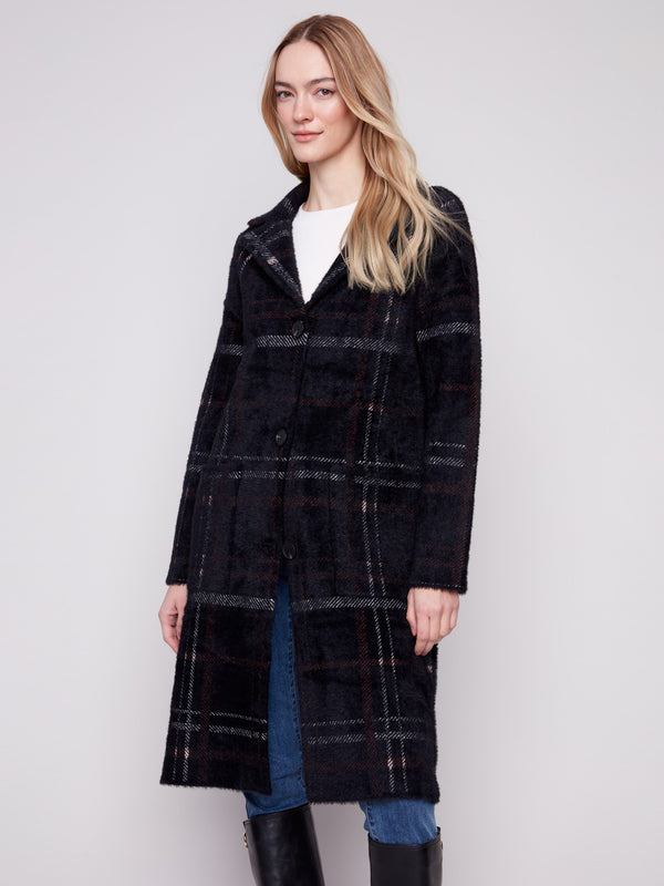 Stylish mocha coatigan with a lapel collar, offering a chic silhouette for any occasion by Charlie B.