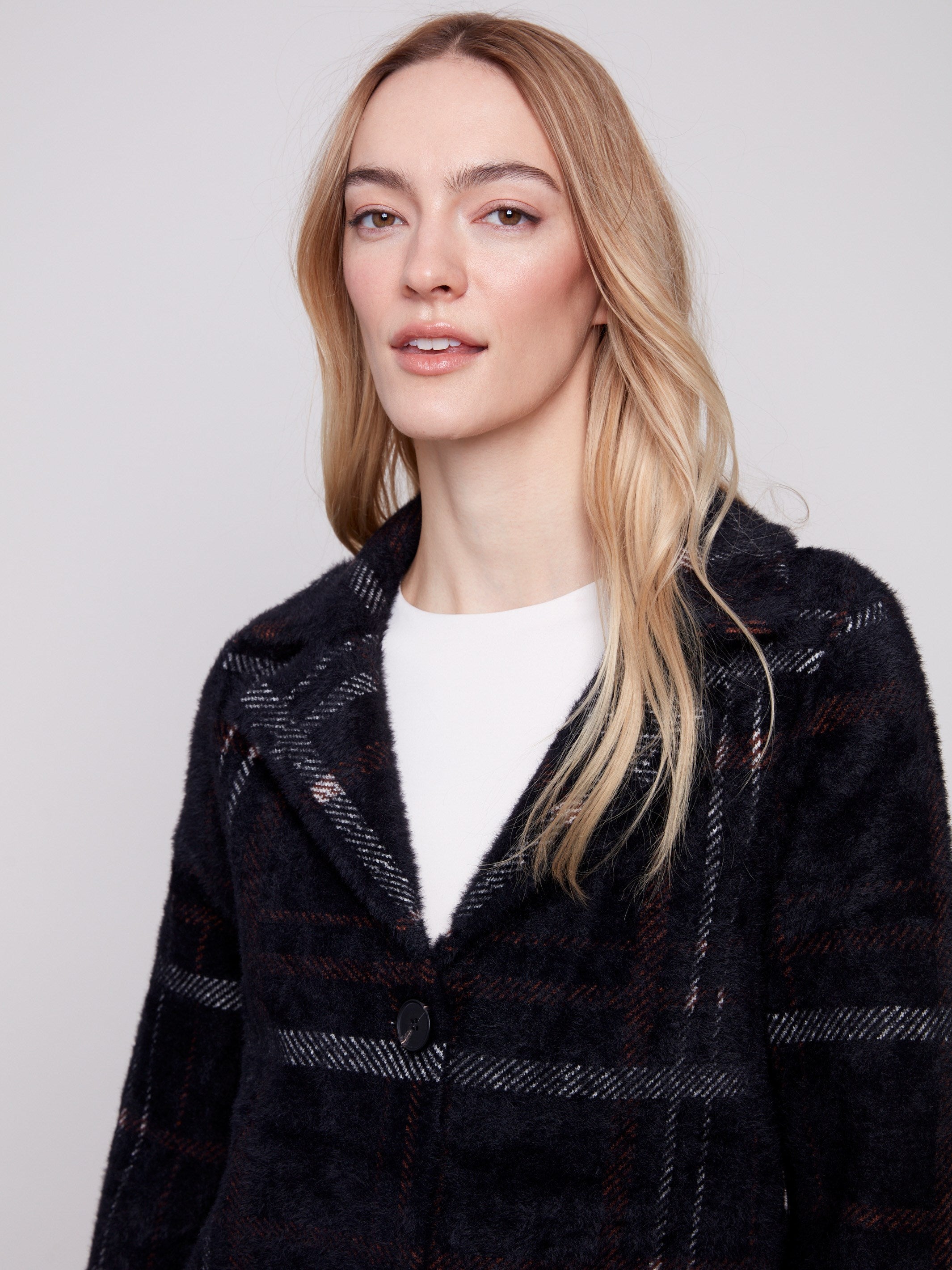 Plaid coatigan in rich mocha tones, complete with two convenient pockets for added functionality by Charlie B.