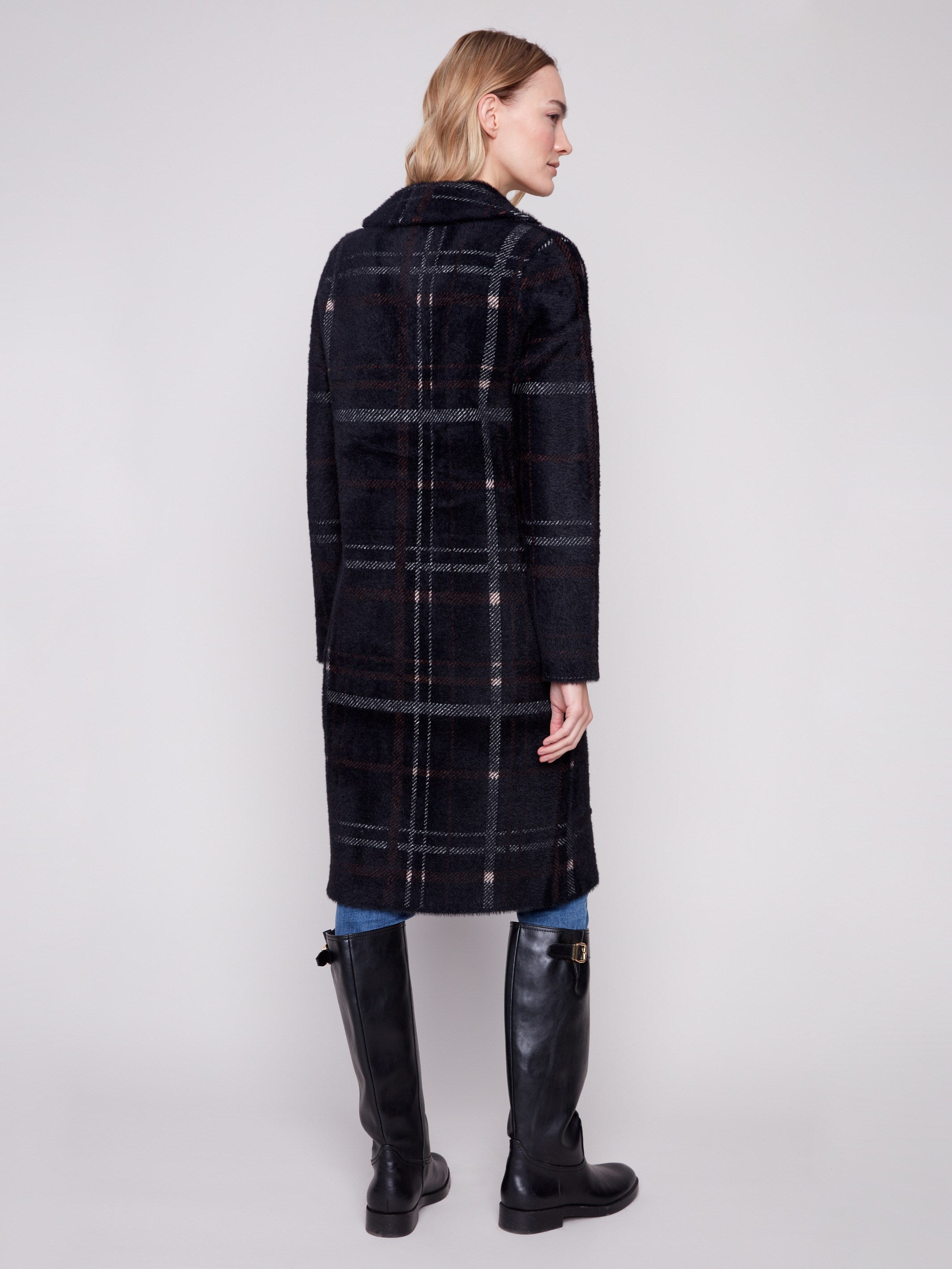 Mocha plaid coatigan showcasing a plush texture that provides warmth and comfort by Charlie B.