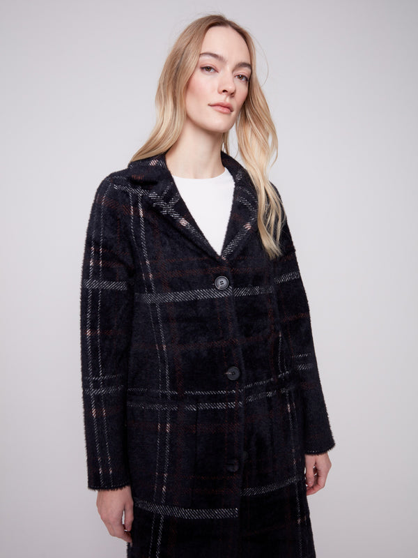 Long Plaid Knit Coatigan - Mocha