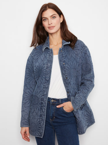 Floral quilted denim jacket in medium blue, showcasing a shirt collar design and relaxed fit for versatile wear by Charlie B.