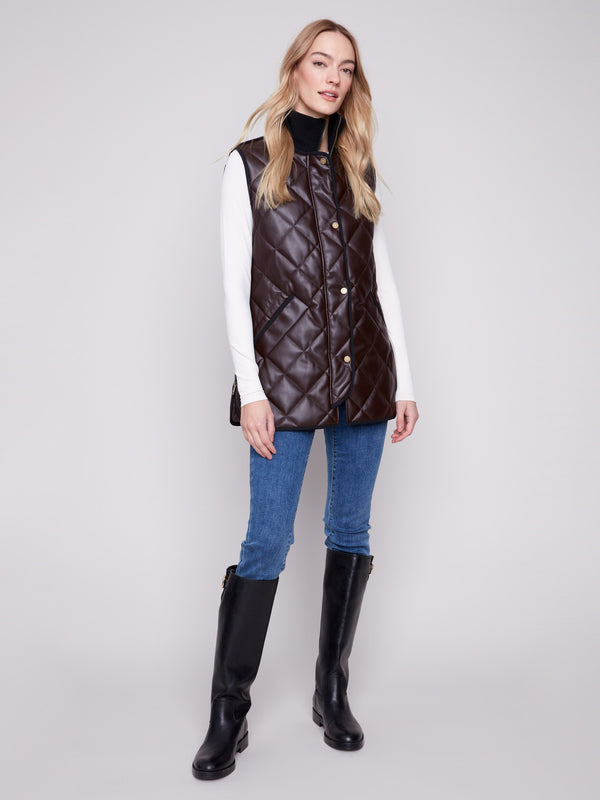 Mocha faux leather vest featuring a rib knit neck and stylish snap button front closure, perfect for layering by Charlie B.