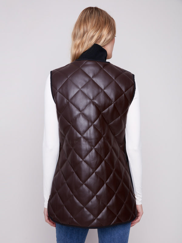 Elegant faux leather vest in mocha with hip-length design, providing a chic silhouette for versatile wear by Charlie B.