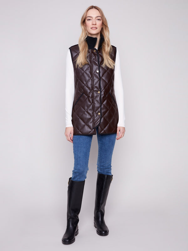 Mocha quilted vest crafted from faux leather with rib knit neck detailing, adding a touch of sophistication by Charlie B.