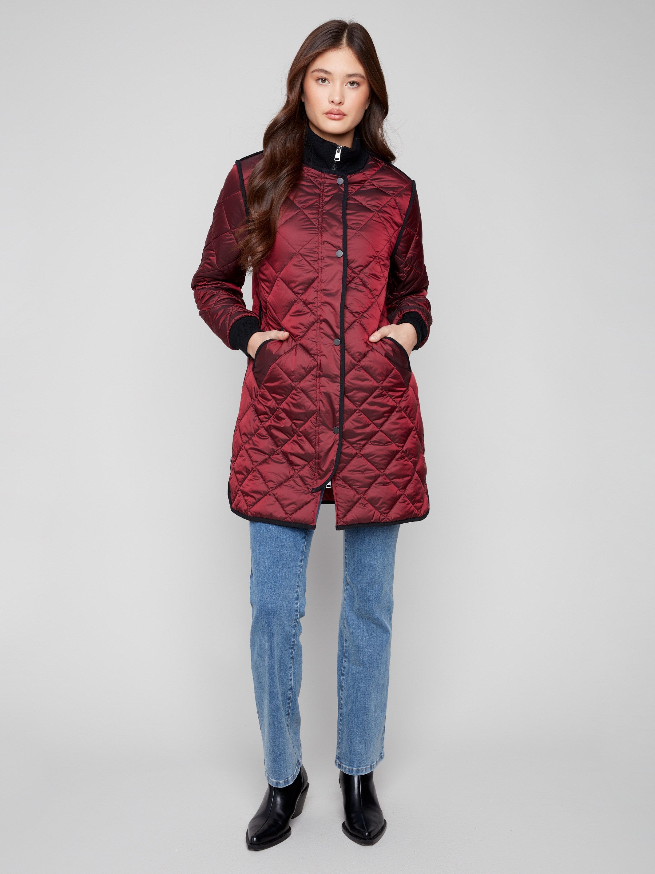 Cabernet quilted puffer jacket featuring zipper front with snap buttons for a secure fit by Charlie B.
