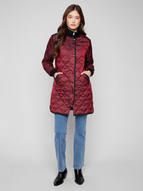 Cabernet quilted puffer jacket with zipper front and snap buttons, offering a sleek finish by Charlie B.