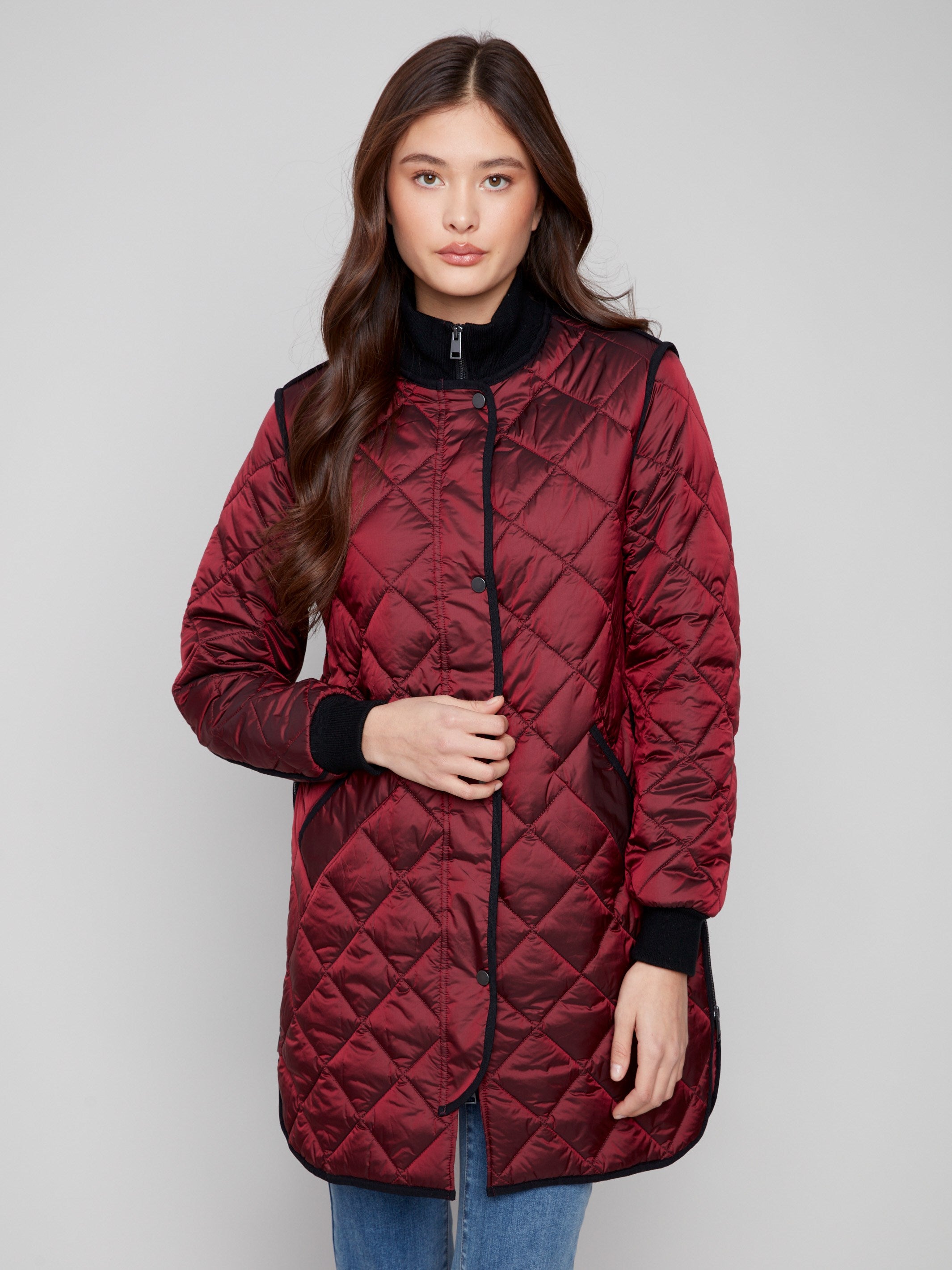 Long quilted puffer jacket in cabernet with stylish side zipper details by Charlie B.