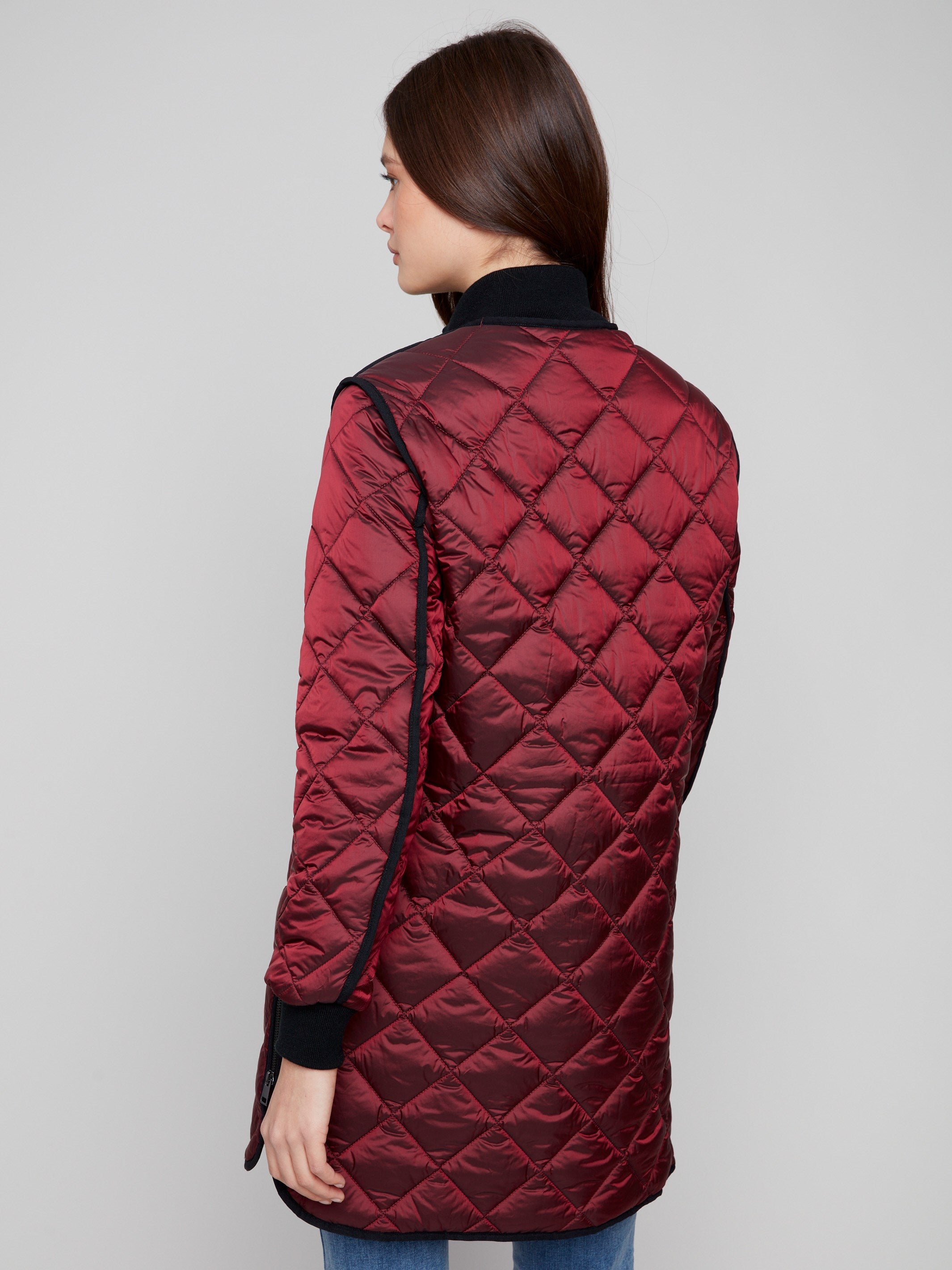 Cabernet puffer jacket showcasing two front welt pockets for added convenience by Charlie B.
