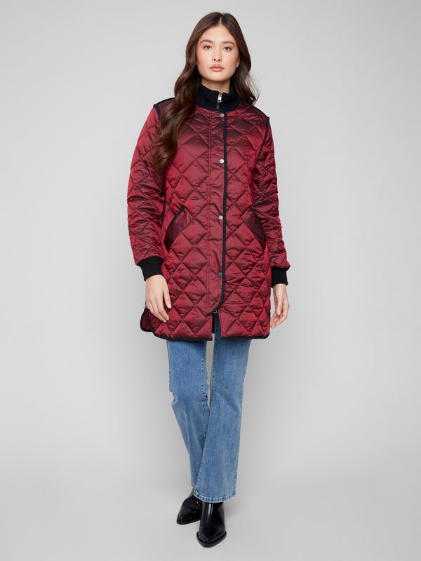 Chic cabernet long puffer with rib knit detailing, perfect for cozy elegance by Charlie B.