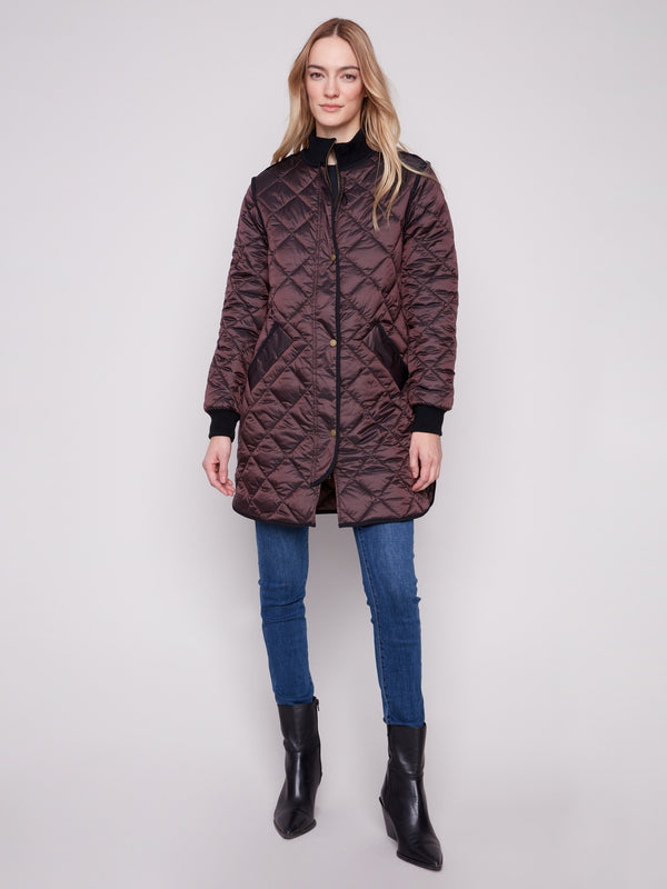 Mocha quilted puffer jacket featuring rib knit detailing and a stylish silhouette by Charlie B.