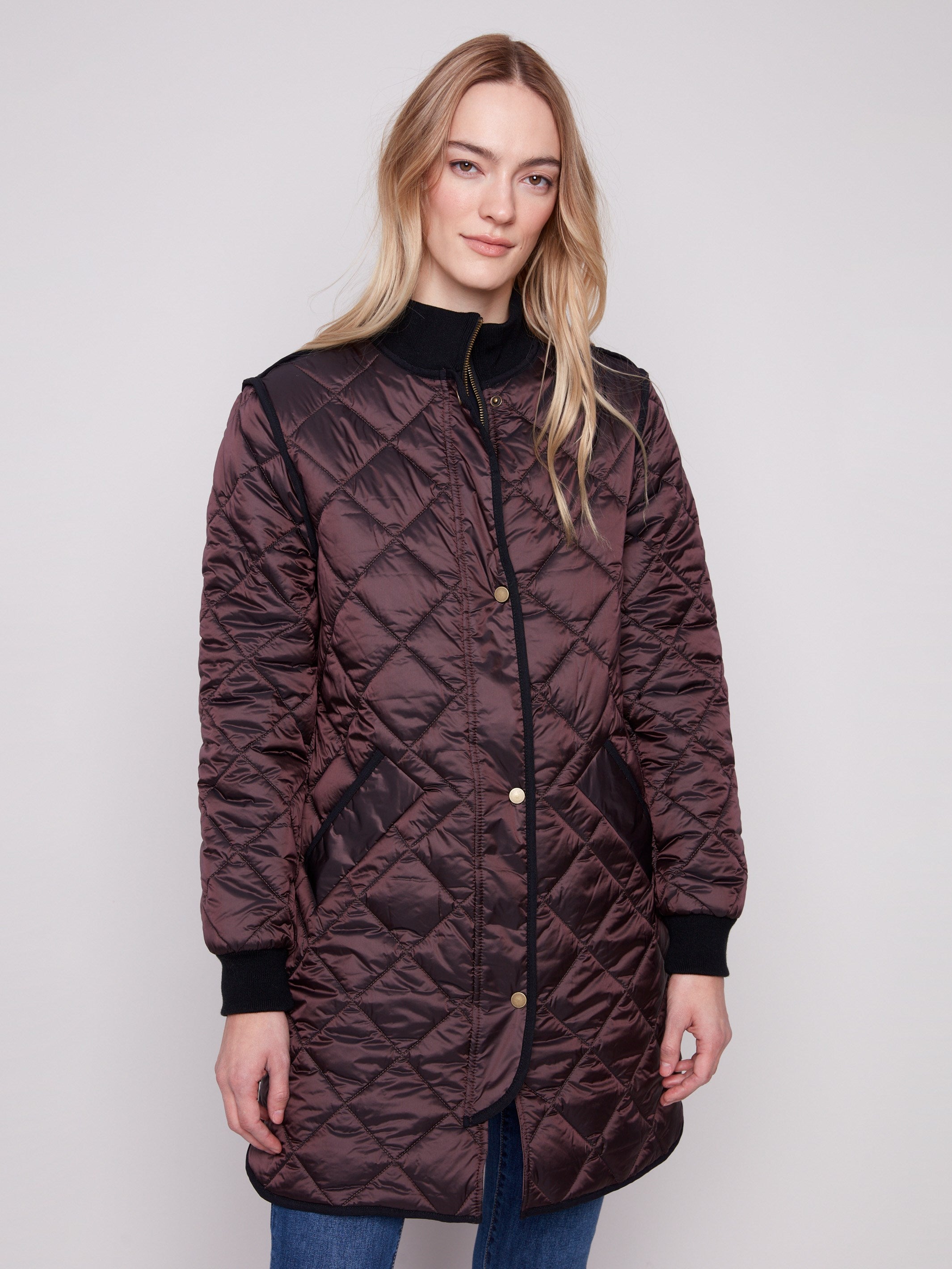 Chic mocha puffer jacket with rib knit cuffs and stylish side zipper details for added flair by Charlie B.