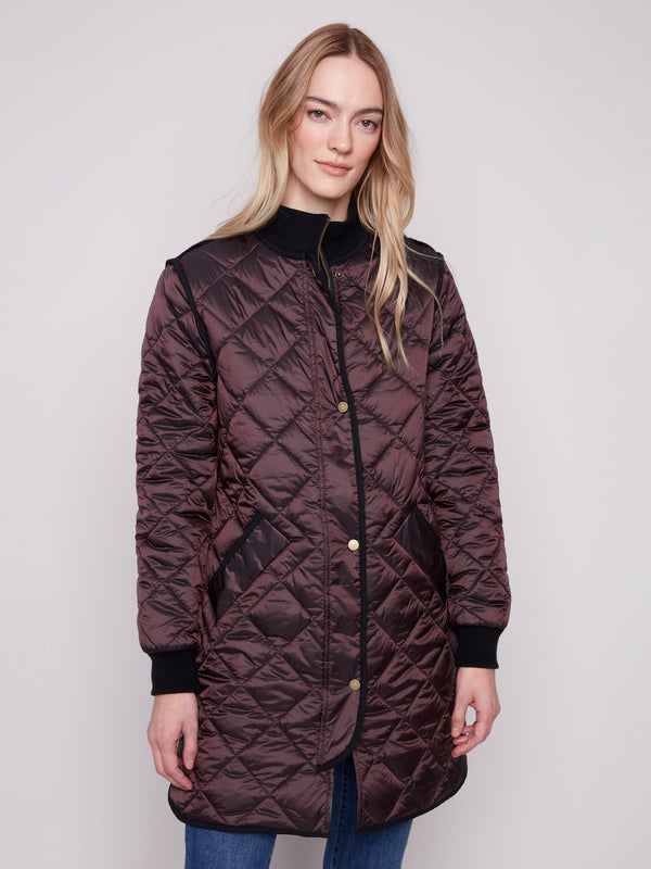 Elegant mocha puffer jacket with zipper front and snap buttons for added style by Charlie B.