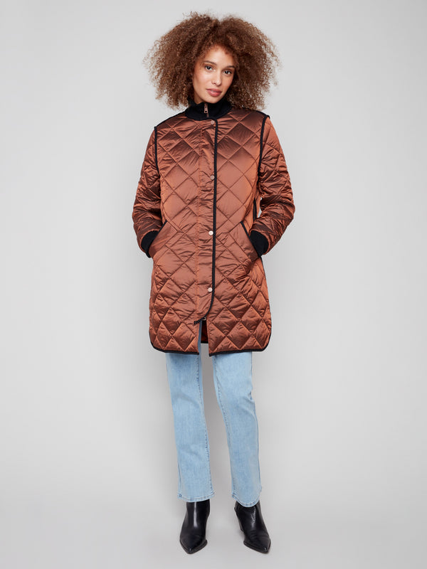 Sepia quilted puffer jacket featuring rib knit detailing, perfect for cozy warmth by Charlie B.