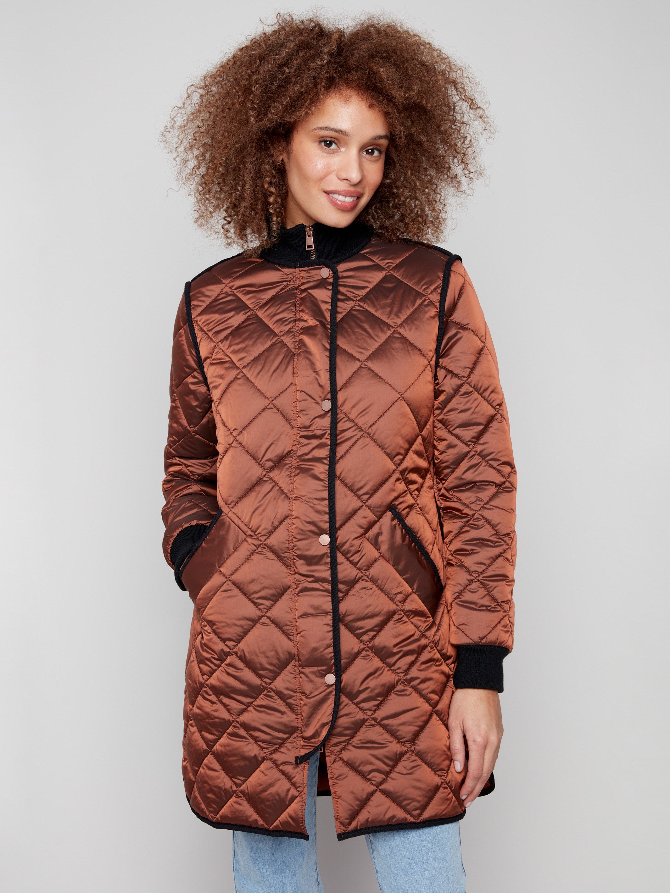 Elegant sepia puffer jacket with a zipper front and snap buttons for added style by Charlie B.