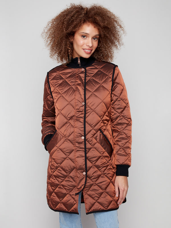 Elegant sepia puffer jacket with zipper front and stylish snap buttons by Charlie B.