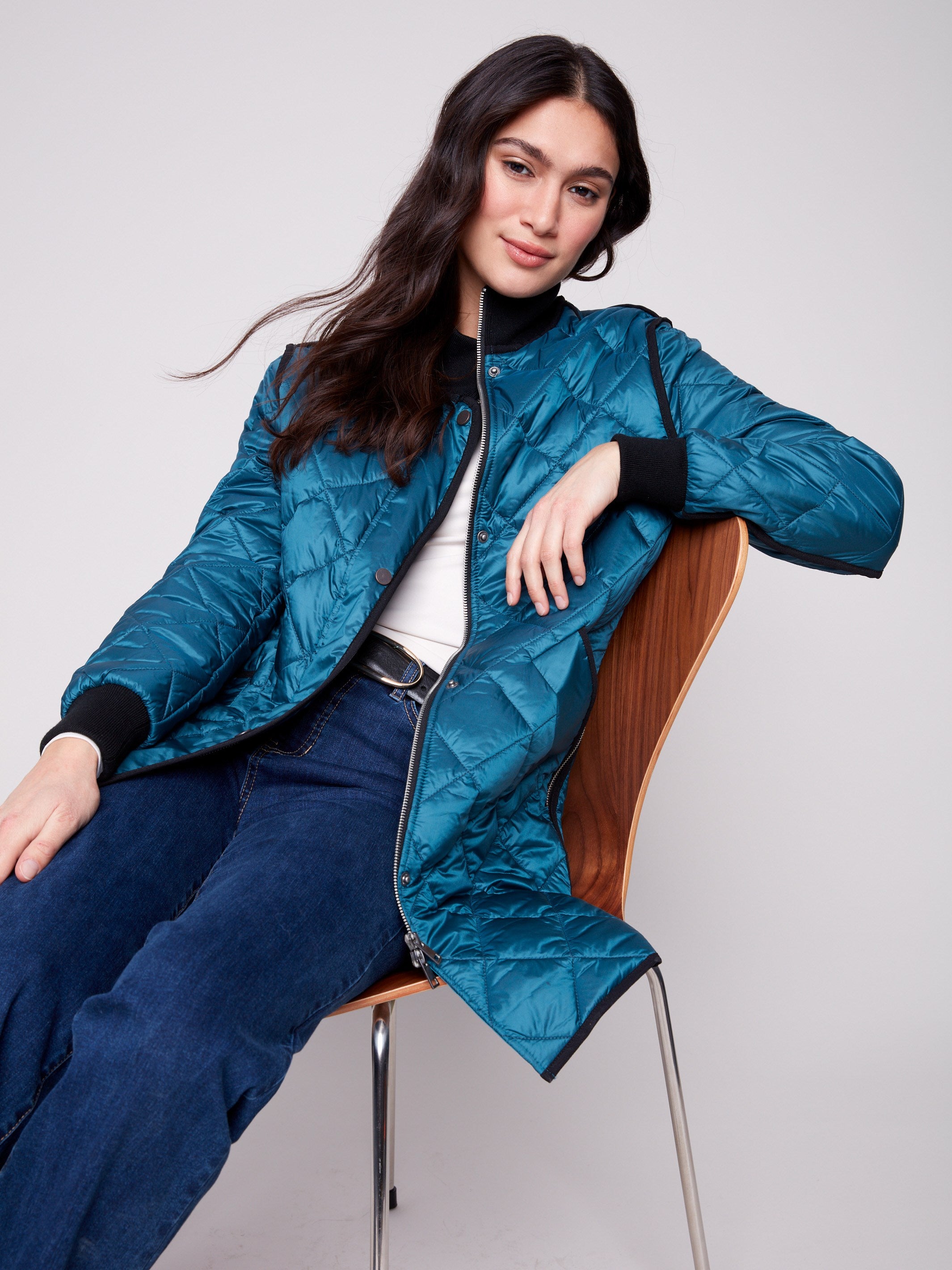Evergreen puffer coat designed with elegant rib knit collar and cuffs for added warmth by Charlie B.