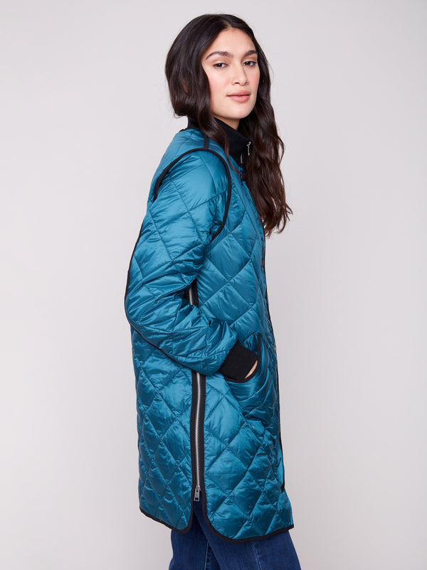 Evergreen long quilted puffer jacket with rib knit collar and cuffs by Charlie B.
