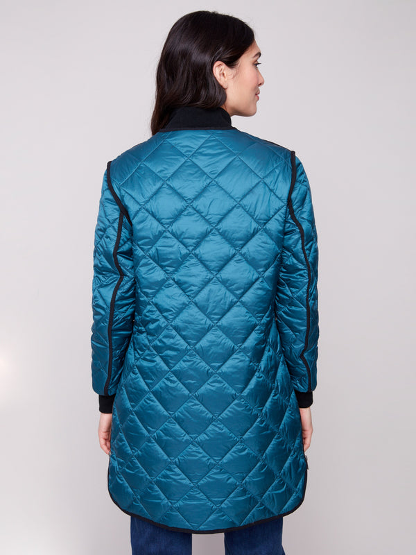 Evergreen long quilted puffer jacket with rib knit collar and cuffs by Charlie B.