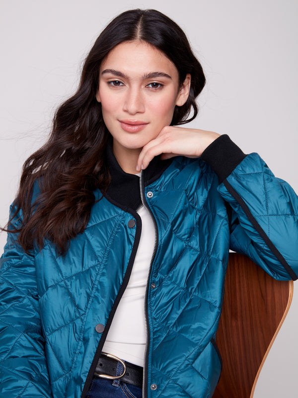 Evergreen long quilted puffer jacket with rib knit collar and cuffs by Charlie B.