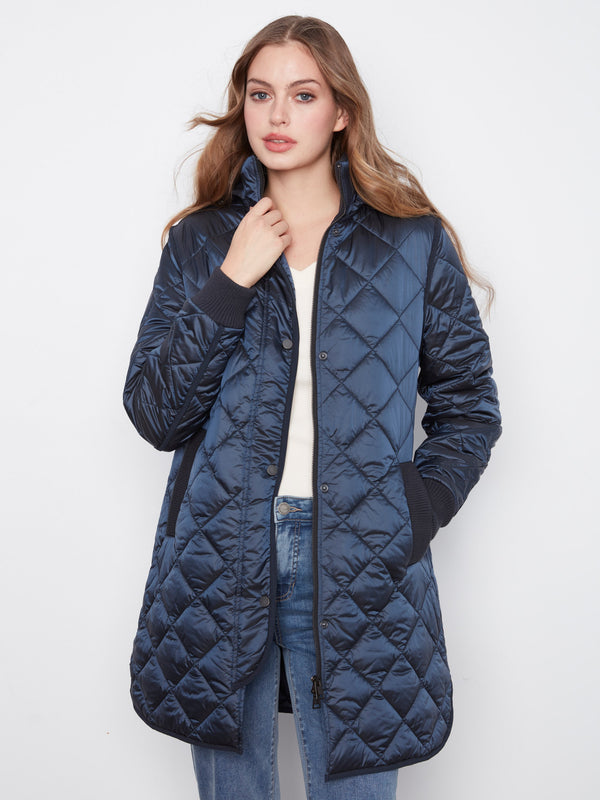 Long Hooded Puffer Jacket - Navy