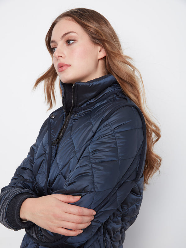 Long Hooded Puffer Jacket - Navy