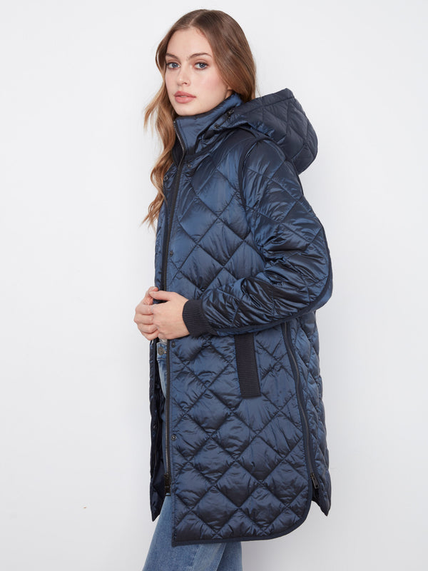 Long Hooded Puffer Jacket - Navy
