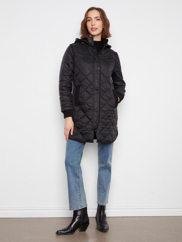 Long Hooded Puffer Jacket - Black