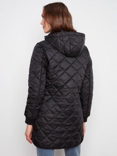 Cozy black coat with ribbed knit details on the cuffs, providing warmth and comfort in chilly weather. Stay stylishly snug by Charlie B.