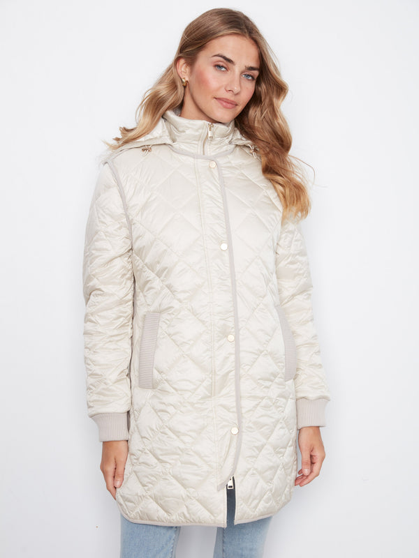 Long Hooded Puffer Jacket - Pearl