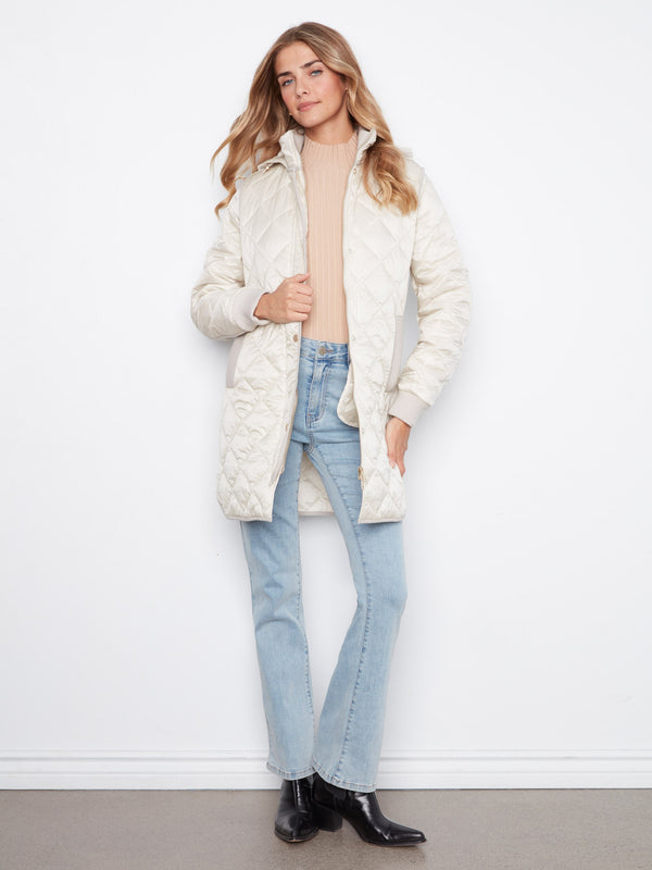 Long Hooded Puffer Jacket - Pearl