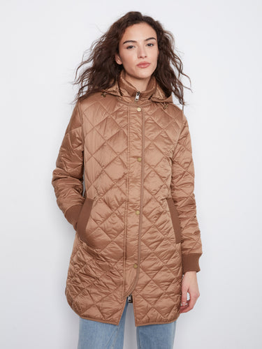 Elegant truffle puffer jacket with welt pockets and ribbed cuffs. Quilted design enhances the look by Charlie B.