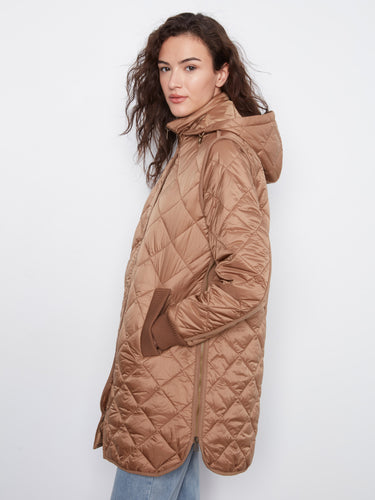 Stylish truffle puffer jacket with side zippers, quilted texture, and ribbed cuffs. A chic addition by Charlie B.