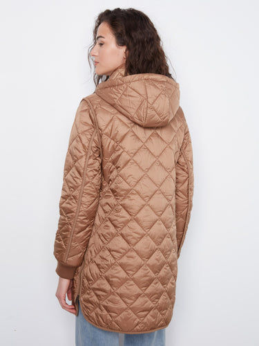 Truffle puffer jacket showcasing ribbed knit details and a quilted pattern for added charm by Charlie B.