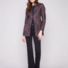 Mocha jacket with a hook-and-eye closure, adding elegance to the faux suede texture and zipper pockets by Charlie B.