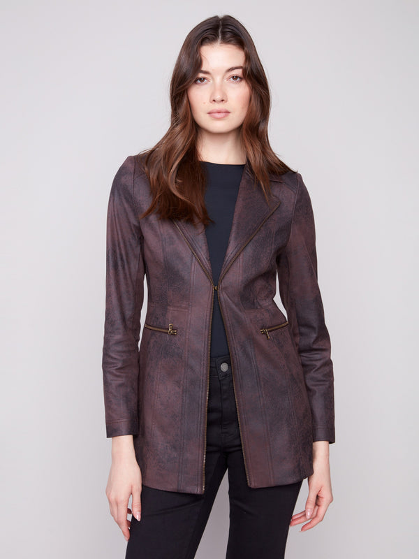 Stylish mocha jacket showcasing a lapel notch collar, enhancing its sophisticated faux suede appearance by Charlie B.