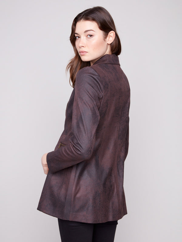 Elegant mocha jacket featuring zipper details that complement the rich faux suede texture beautifully by Charlie B.