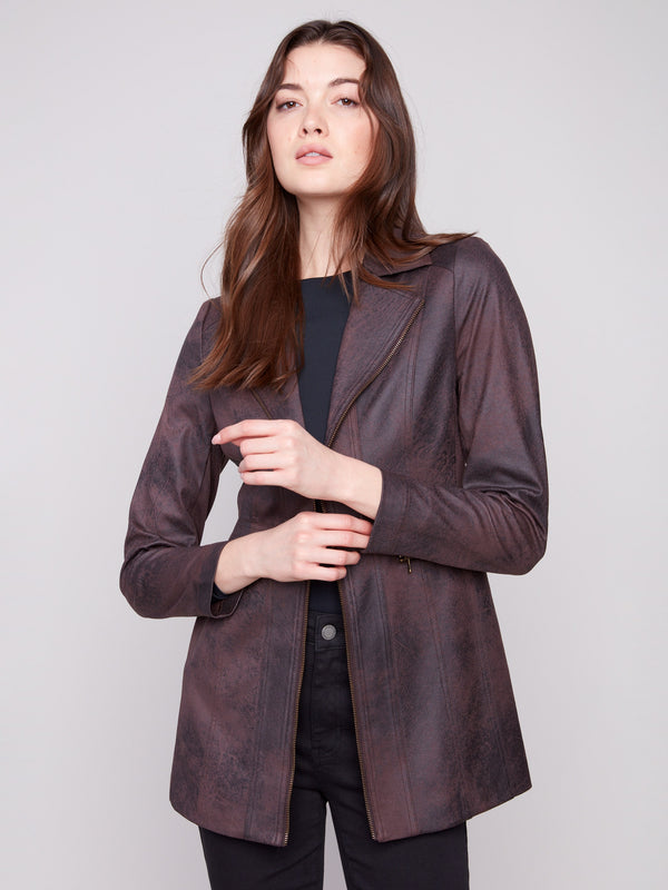 Chic mocha jacket crafted with luxurious faux suede texture and practical two front zipper pockets by Charlie B.