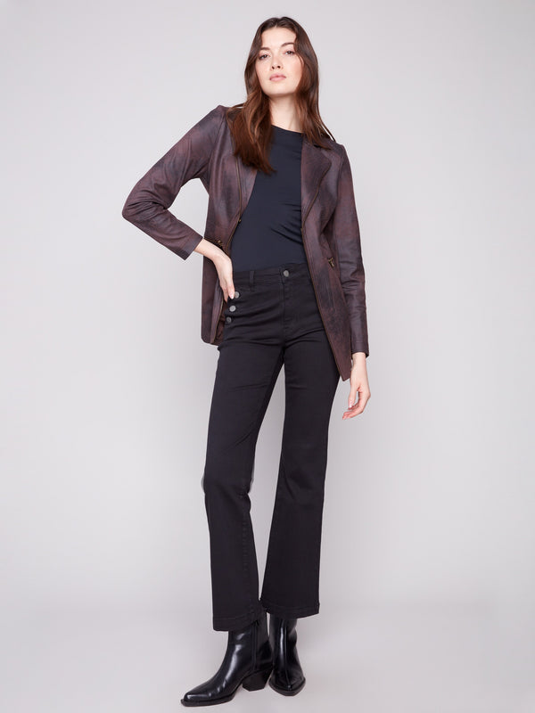 Mocha jacket designed with two front zipper pockets, combining practicality and style in faux suede by Charlie B.