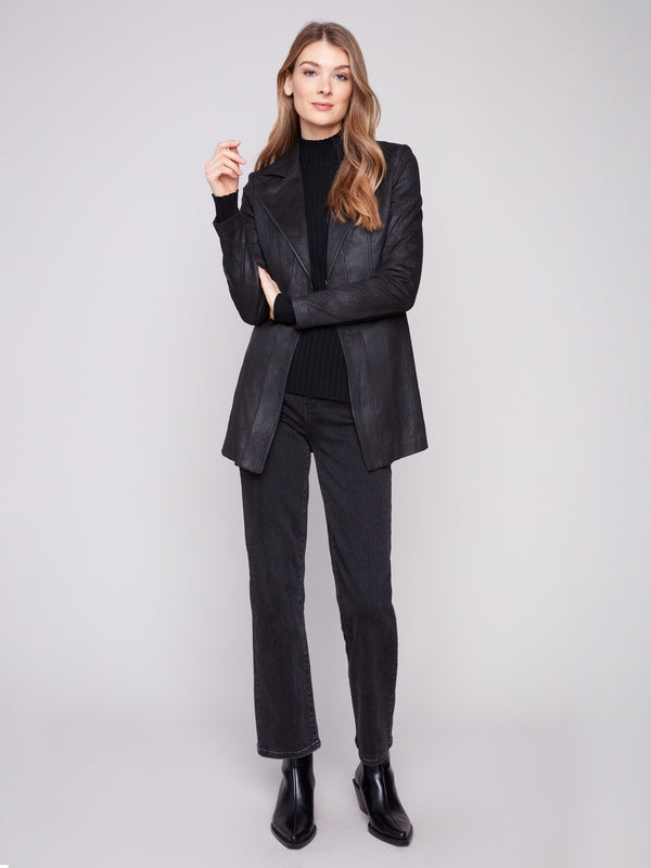 Black faux suede jacket with hook-and-eye closure, offering a sleek and polished look for any occasion by Charlie B.