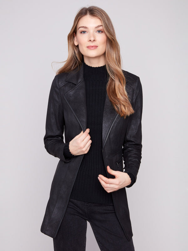 Elegant black jacket featuring a lapel notch collar, perfect for adding sophistication to your wardrobe by Charlie B.