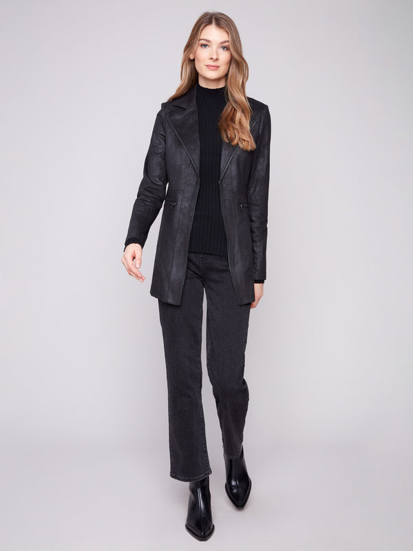 Stylish faux suede jacket in black with two front zipper pockets, ideal for keeping essentials close by Charlie B.