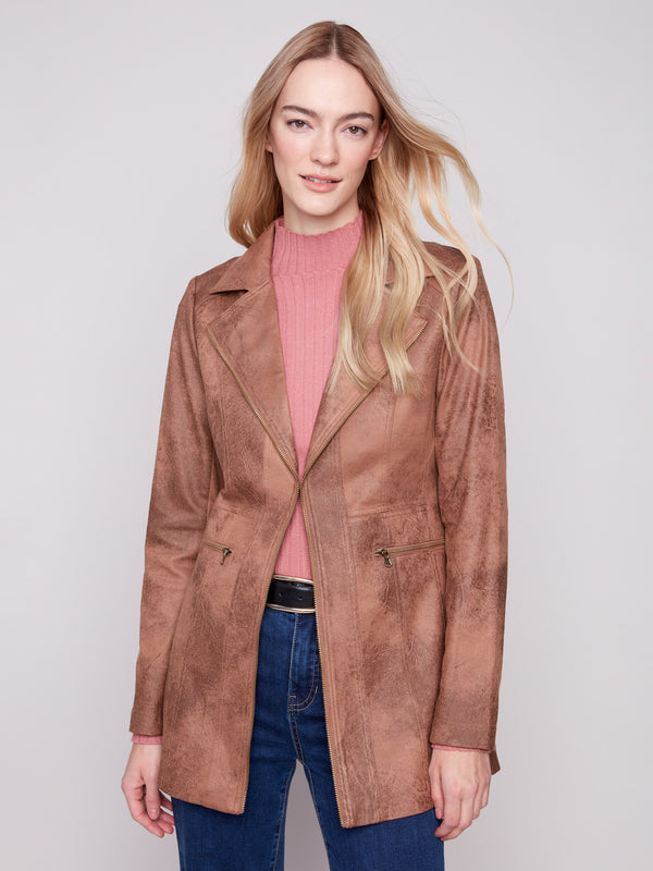 Truffle-colored faux suede jacket with hook-and-eye closure, offering a sleek and versatile look by Charlie B.
