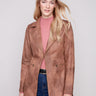 Truffle-colored faux suede jacket with hook-and-eye closure, offering a sleek and versatile look by Charlie B.