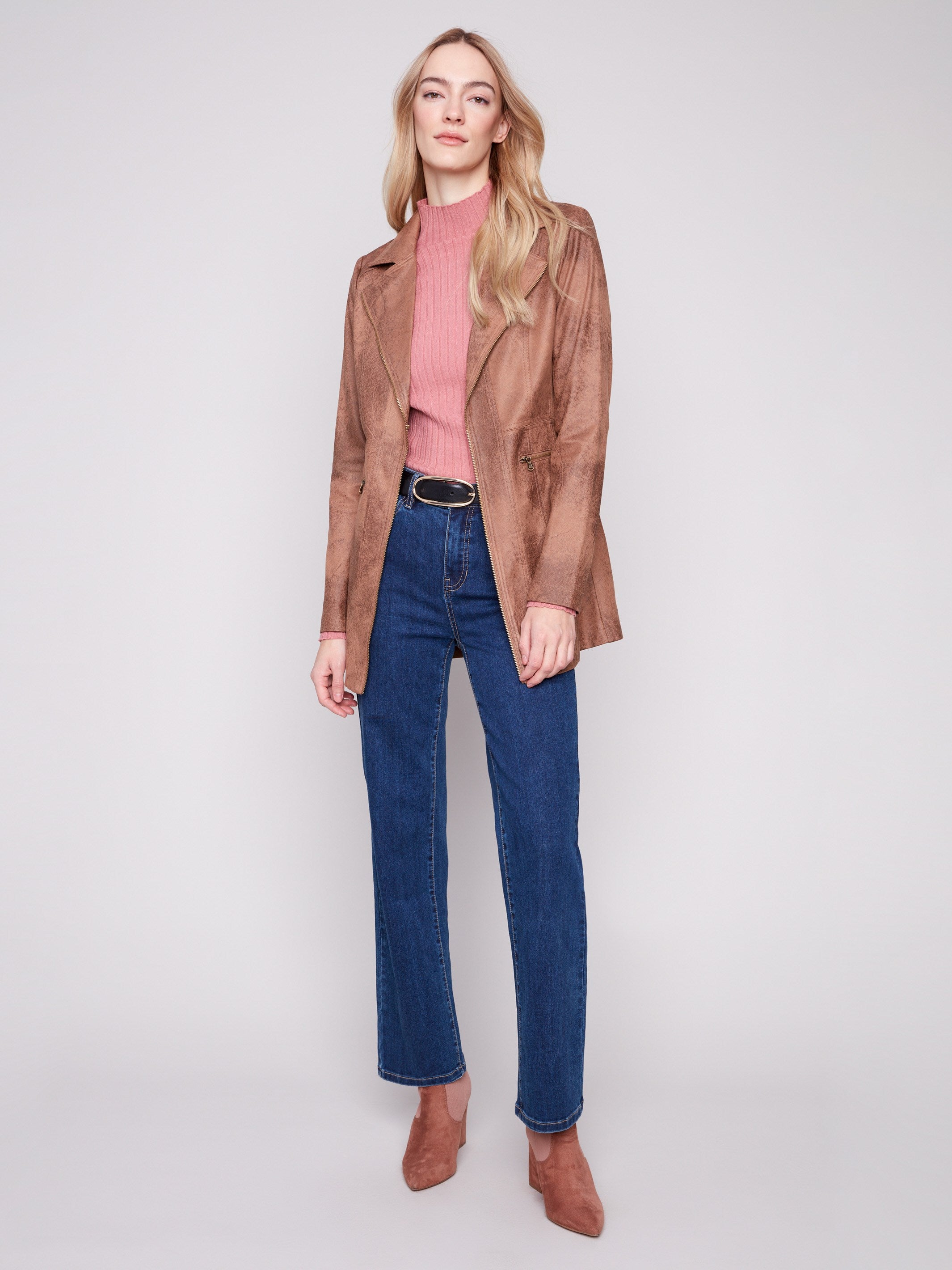 Elegant faux suede jacket in truffle, featuring two front zipper pockets for added functionality by Charlie B.