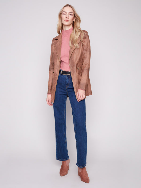 Elegant faux suede jacket in truffle, featuring two front zipper pockets for added functionality by Charlie B.