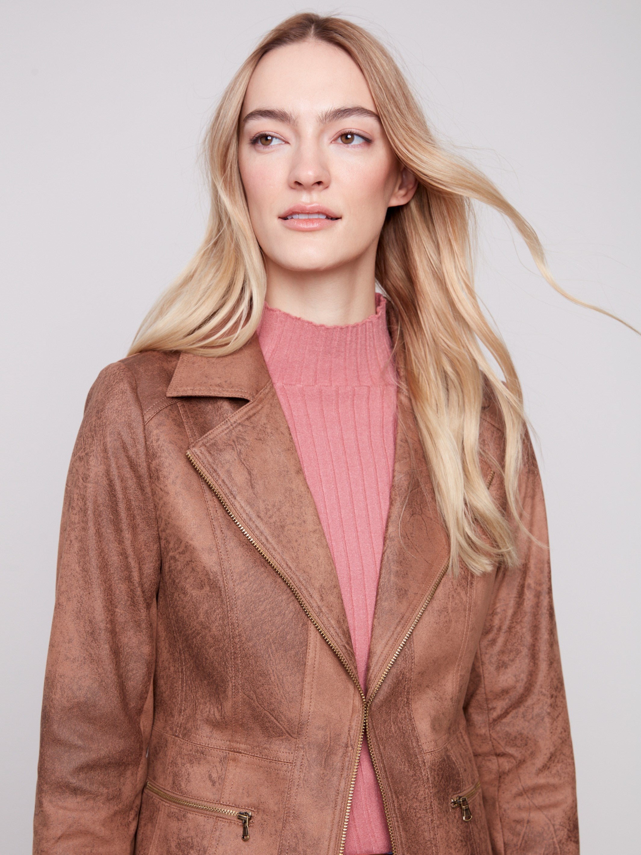 Stylish faux suede jacket with a vintage texture and lapel notch collar, perfect for any occasion by Charlie B.