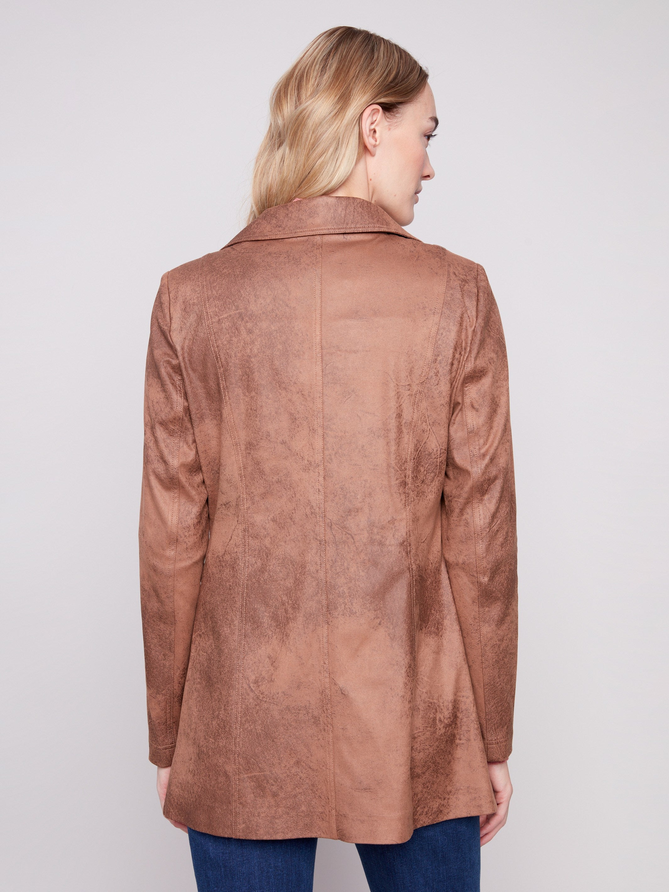 Chic truffle faux suede jacket with zipper details that enhance its modern appeal by Charlie B.
