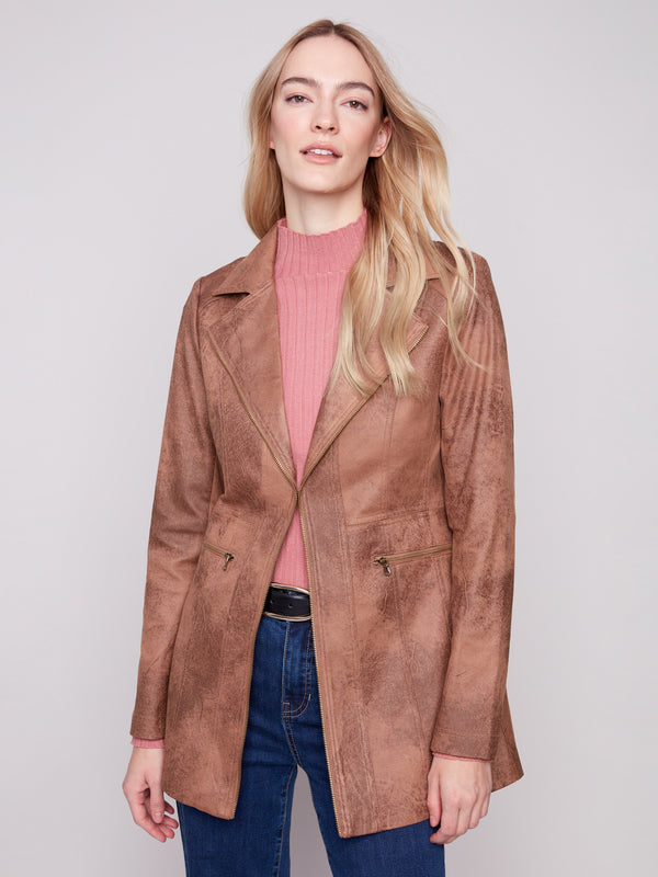 Versatile long faux suede jacket in truffle color, designed to elevate your wardrobe effortlessly by Charlie B.